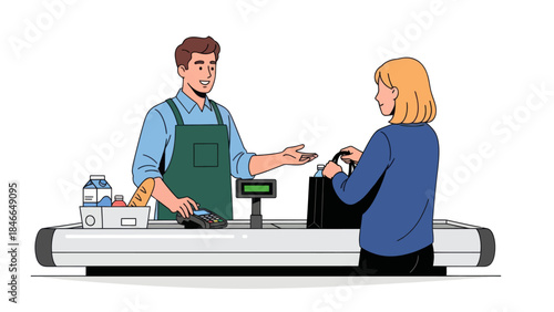 Customer Paying at Checkout Counter with Contactless Payment Method in a Grocery Store