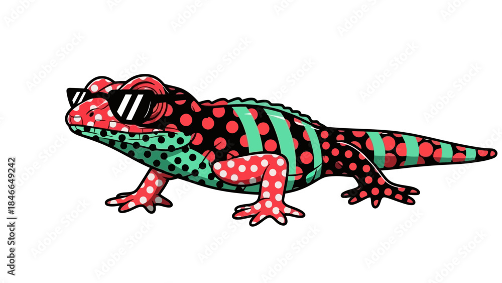 Obraz premium Vibrant Red/Green/Black Lizard Wearing Sunglasses Multicolor Pattern