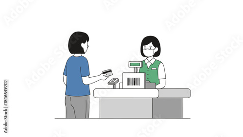 Customer Making Payment at a Retail Checkout Counter with Cashless Payment Method