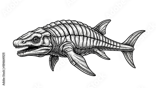 Vintage Engraving of Armored Dinosaur Fish Paleontology Specimen