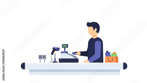 Cashier Operating a Point of Sale System at Checkout Counter in Retail Store