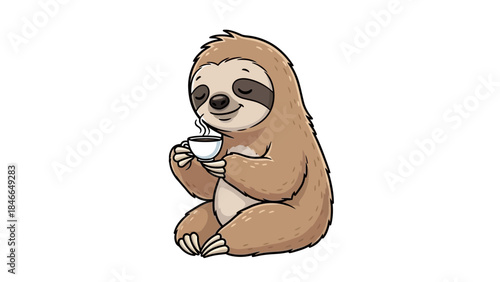 Sloth Enjoying Coffee Cup Cartoon Illustration Relaxing Animal