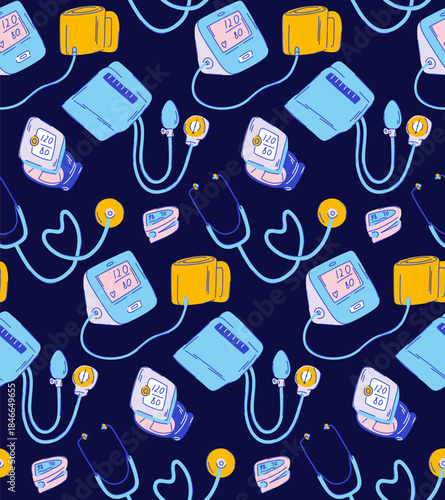 Blood pressure monitors in blue shades for medical staff clothing, tonometers and pulse oximeter