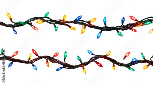 Colorful string lights festive holiday decoration for Christmas and New Year isolated on white background.