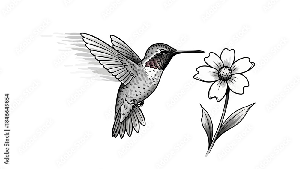 Obraz premium Hummingbird and Flower Ink Sketch Wildlife Nature Design Element