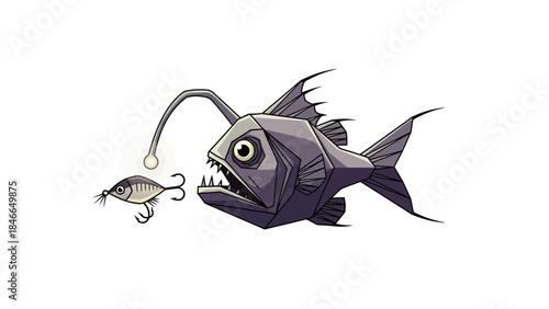 Grizzled Angler Fish Hunting Smaller Prey on Hook Surreal Cartoon