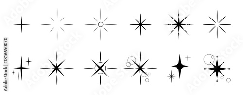 Set of stars sparks and sparkles Y2K. Vector collection glint glitter, shining twinkle sunburst illustration. Shapes of stars and rays for decorative symbols for template design element.