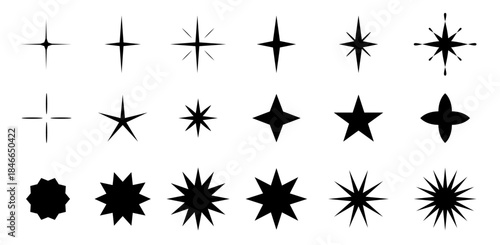 Set of stars sparks and sparkles Y2K. Vector collection glint glitter, shining twinkle sunburst illustration. Shapes of stars and rays for decorative symbols for template design element.