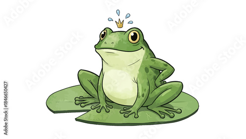 Cute Cartoon Frog Prince Sitting on Lily Pad with Crown