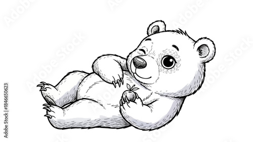 Cute Baby Polar Bear Cub Lying on Belly Holding Leaf Sketch