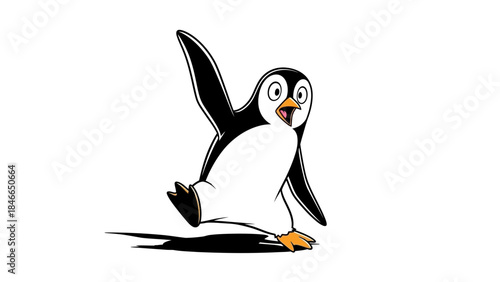 Cute Animated Cartoon Penguin with Orange Beak in Wave Position