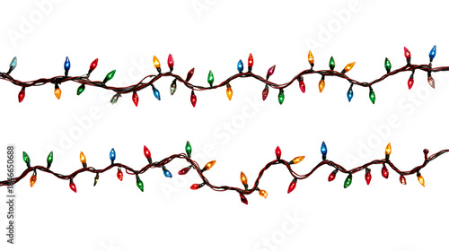 Colorful string lights festive holiday decoration for Christmas and New Year isolated on white background.