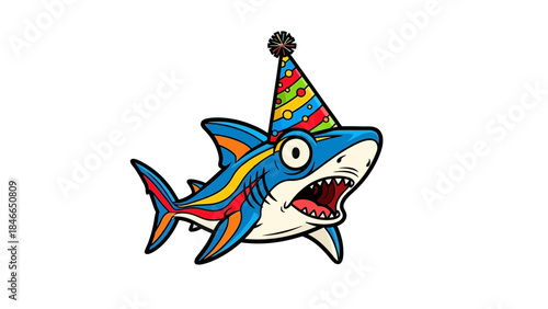 Cheerful Cartoon Shark with Colorful Stripes and Party Hat Design