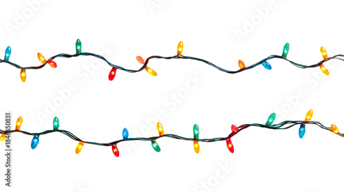 Colorful string lights festive holiday decoration bulbs on a wire isolated on white background.