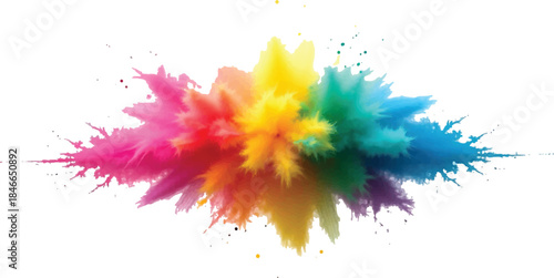 Vibrant explosion of colorful powder splashes isolated on white background, abstract paint burst with dynamic motion, rainbow pigments frozen in midair, creative energy, high contrast, studio lighting