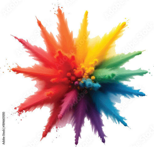 Vibrant explosion of colorful powder splashes isolated on white background, abstract paint burst with dynamic motion, rainbow pigments frozen in midair, creative energy, high contrast, studio lighting