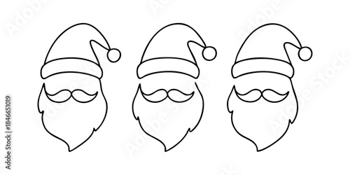 Set of Santa Claus hats. Santa Claus hats with beards and mustaches in one line style. Vector illustration.