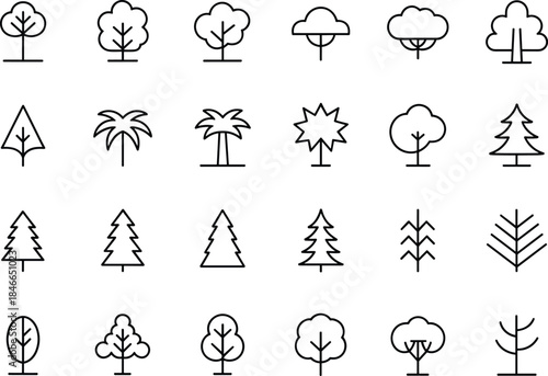 Nature, forest, and ecology line icons set including pine, palm, oak, fir, and abstract tree symbols for environment design.