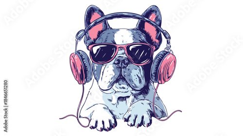 Adorable Bulldog Listening to Music with Headphones Vector Illustration