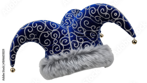 Isolated velvet blue fool jester hat, medieval accessory, with swirls, soft fur and bells