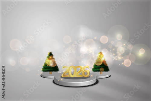 Happy New Year 2026 3d podium. Greeting card with Christmas trees. Vector illustration