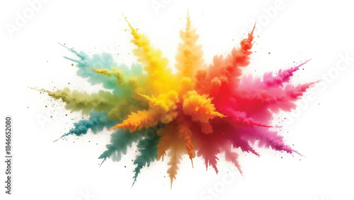 Vibrant explosion of colorful powder splashes isolated on white background, abstract paint burst with dynamic motion, rainbow pigments frozen in midair, creative energy, high contrast, studio lighting