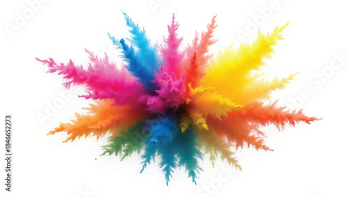 Vibrant explosion of colorful powder splashes isolated on white background, abstract paint burst with dynamic motion, rainbow pigments frozen in midair, creative energy, high contrast, studio lighting