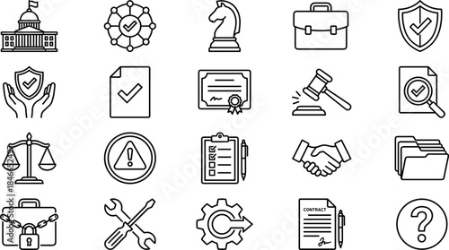 Legal and business compliance line icons set including government, gavel, scales, shield, contract, audit, risk management, and security strategy signs.
