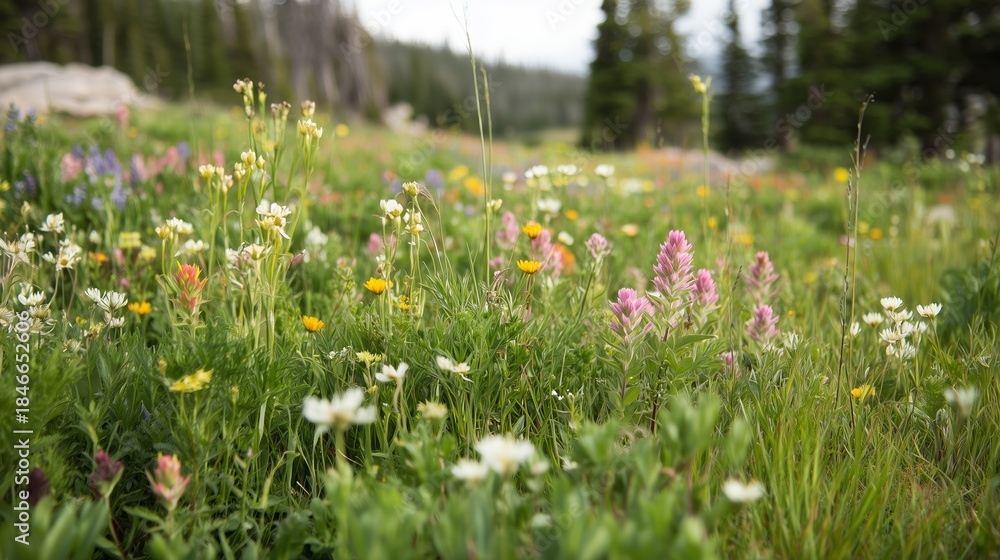 Fototapeta premium Wildflowers bloom in a green field in a forest area during springtime