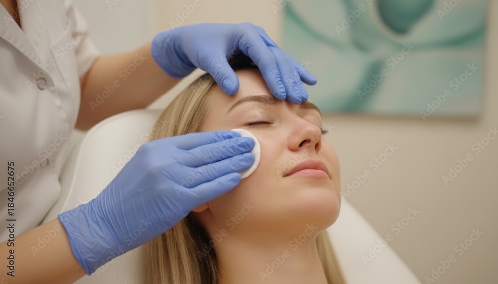 Obraz premium Esthetician in blue gloves cleans a woman's face with a cotton pad in a white uniform during a professional skincare treatment