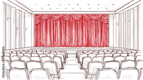 Empty Cinema Auditorium with Red Curtains and Rows of Seats