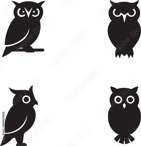 Owl Silhouette Set Featuring Stylized Postures, Profiles, and Expressive Avian Designs