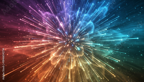 多色の光が放射状に広がる幻想的でダイナミックな抽象アート