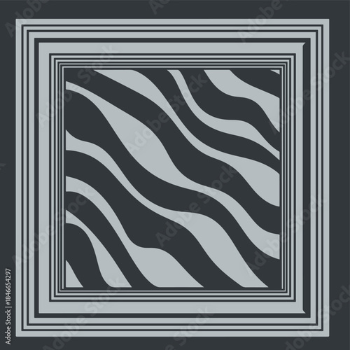 Abstract graphic design featuring a multi-layered square frame enclosing dynamic wavy diagonal stripes in contrasting shades of dark and light grey.