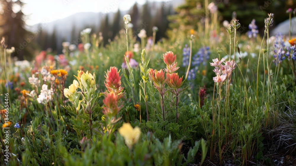 Fototapeta premium Wildflowers bloom on a mountain slope during sunset in the summer season