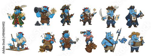 Character Lineup of Adventurous Rhinoceros Pirates. Versatile Rhino Mascot Illustrations