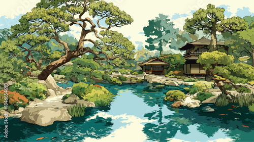 Tranquil Japanese Garden with Koi Ponds: Serenity in a Beautiful Landscape