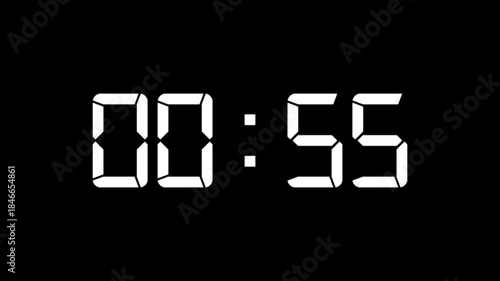 One minute countdown animation from 60 seconds to 0 second with alpha channel. digital timer clock on black background. 60 seconds timer on stopwatch countdown animation. 60 seconds digital countdown.