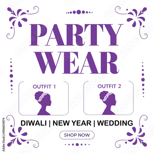 Party wear fashion and apparel Ad Template using flat vector design. Include space for featured outfits, occasion text, and CTA