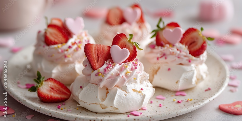 Obraz premium Mini pavlovas with pink whipped cream and heart-cut strawberries sit on white ceramic plate. Confetti hearts scattered around enhance the Valentine tone.