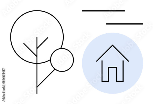 Simple tree outline paired with a house symbol surrounded by a pale blue circle. Straight lines evoke serenity, connection to nature, and stability. Ideal for housing, ecology, sustainability