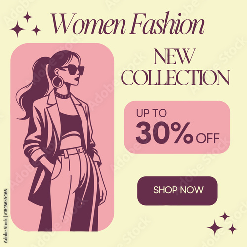 Stylish women’s fashion and apparel Ad Template using flat vector design. Include areas for a featured outfit, collection name, discount text, and CTA