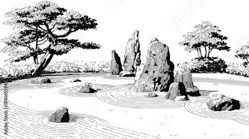 Tranquil Zen Rock Garden Harmony in Nature Vector Illustration