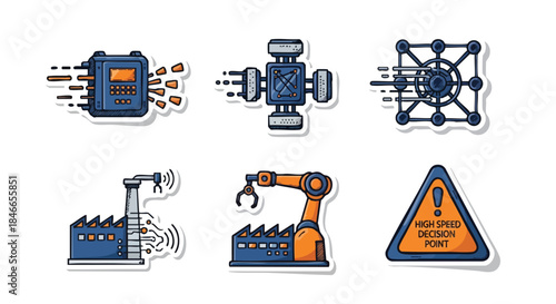 A collection of modern industrial technology icons illustrating concepts like data processing, robotic automation, smart factory operations, and high-speed decision making processes.