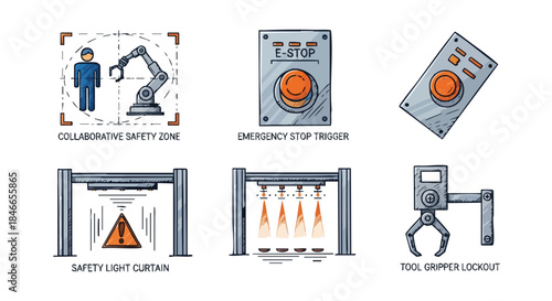 A comprehensive set of hand-drawn icons illustrating key industrial automation, robotic safety protocols, and essential control mechanisms for manufacturing.