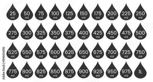 Liquid volume icons set. Drop ml measurement icons labels. Liquid indicator graphic set. Beverage Packaging volume indicator graphics from 25 to 1000 ml. Bottle water capacity ml elements