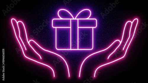 Neon outline icon of two hands holding a wrapped Christmas gift
