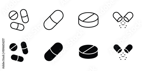 Medicine pill and capsule icon set. Pharmaceutical tablet and capsule icons