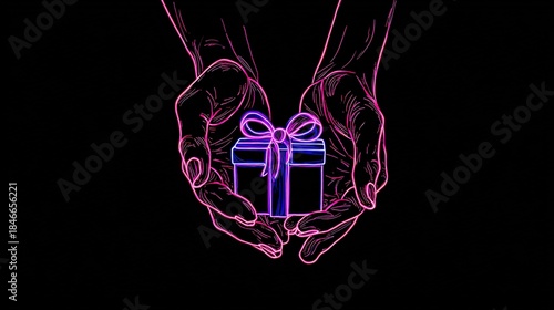 Neon outline icon of two hands holding a wrapped Christmas gift
