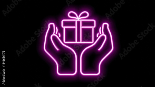 Neon outline icon of two hands holding a wrapped Christmas gift

